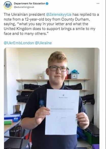 Британский мальчик написал письмо Владимиру Зеленскому и получил ответ Британский мальчик написал письмо Владимиру Зеленскому и получил ответ